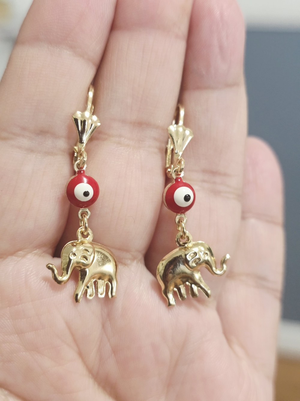 14k Gold Plated Elephant Drop Earrings with Red Evil Eye Accent